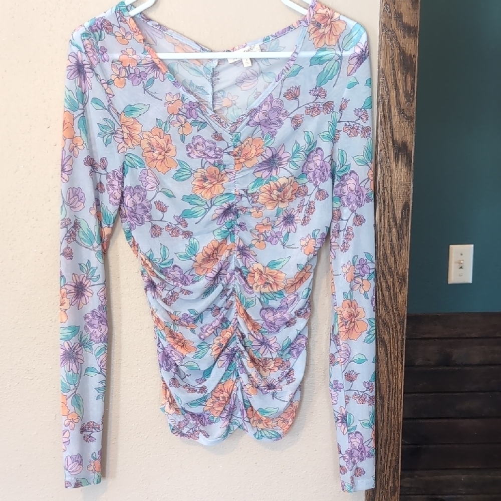 Mystree Floral Sheer Long Sleeve Top - Purple, Orange, Blue - Picture 2 of 5